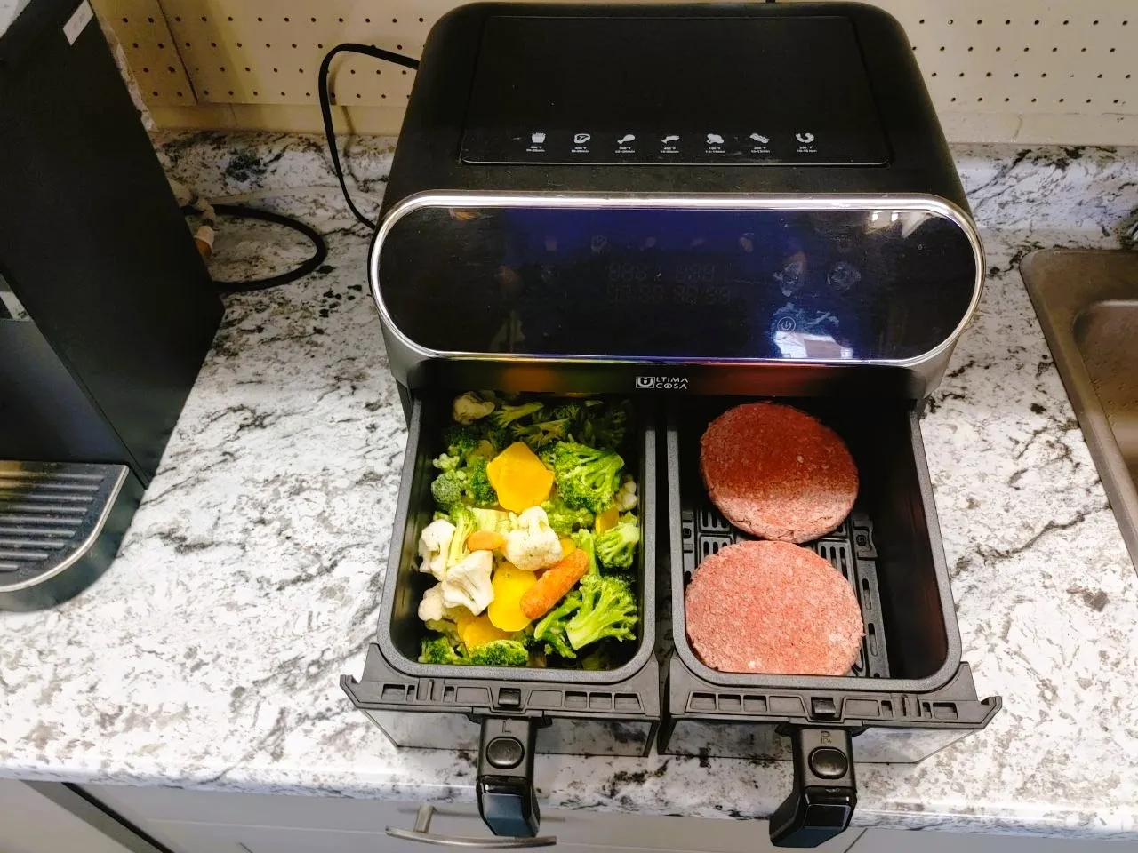 Two baskets. Patties on one side, veggies on the other. Five minutes.