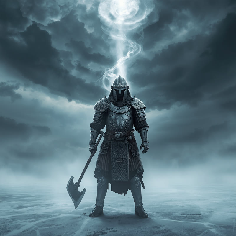 Think Again cover art: an armored warrior standing calm on a frozen plain beneath a churning storm, a column of light descending onto his helm